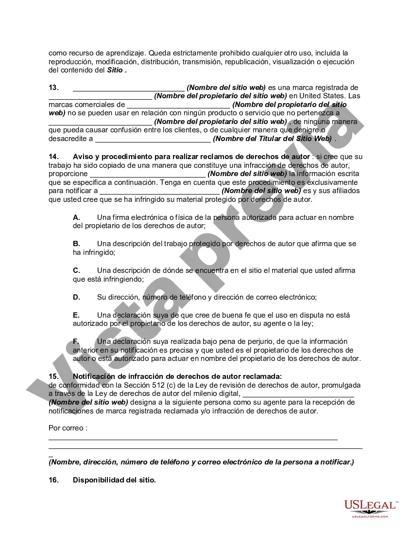 Get Acuerdo de usuario de suscripción al sitio web: términos de uso para un sitio web que invita a publicar y no se dedica principalmente a la venta de productos o servicios Preview Acuerdo de usuario de suscripción al sitio web: términos de uso para un sitio web que invita a publicar y no se dedica principalmente a la venta de productos o servicios