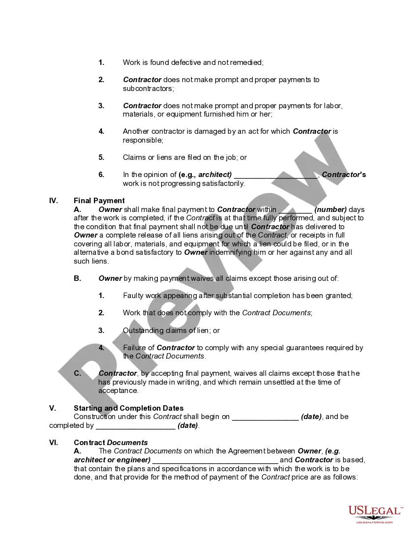 Get Basic Building and Construction Contract between Owner and Contractor Preview Basic Building and Construction Contract between Owner and Contractor