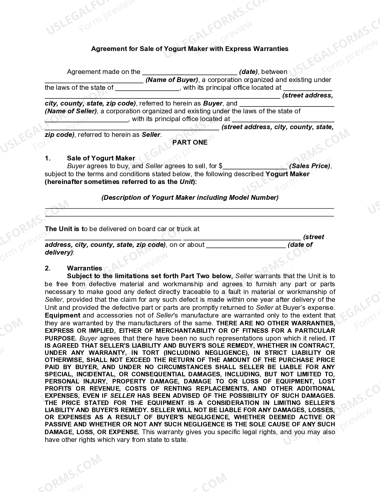 Utah Agreement for Sale of Yogurt Maker with Express Warranties Warranties US Legal Forms