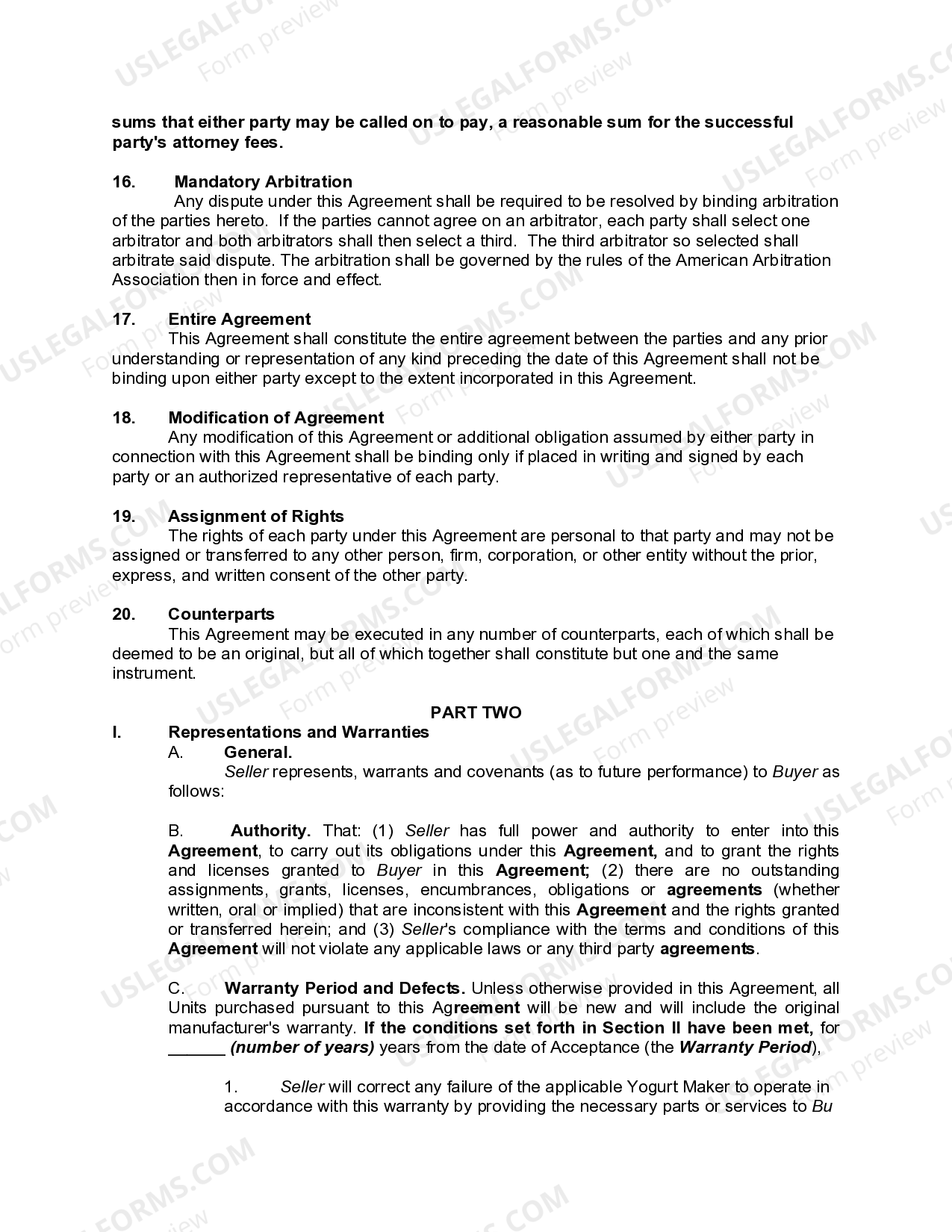 Utah Agreement for Sale of Yogurt Maker with Express Warranties Warranties US Legal Forms
