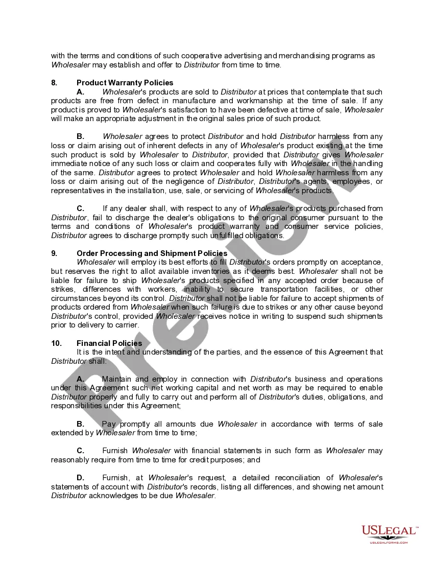 Preview Distributorship Agreement with Wholesaler