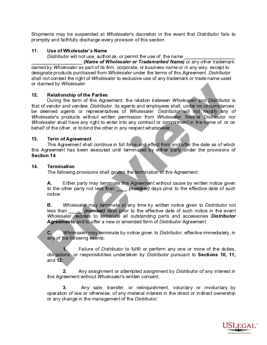 Preview Distributorship Agreement with Wholesaler