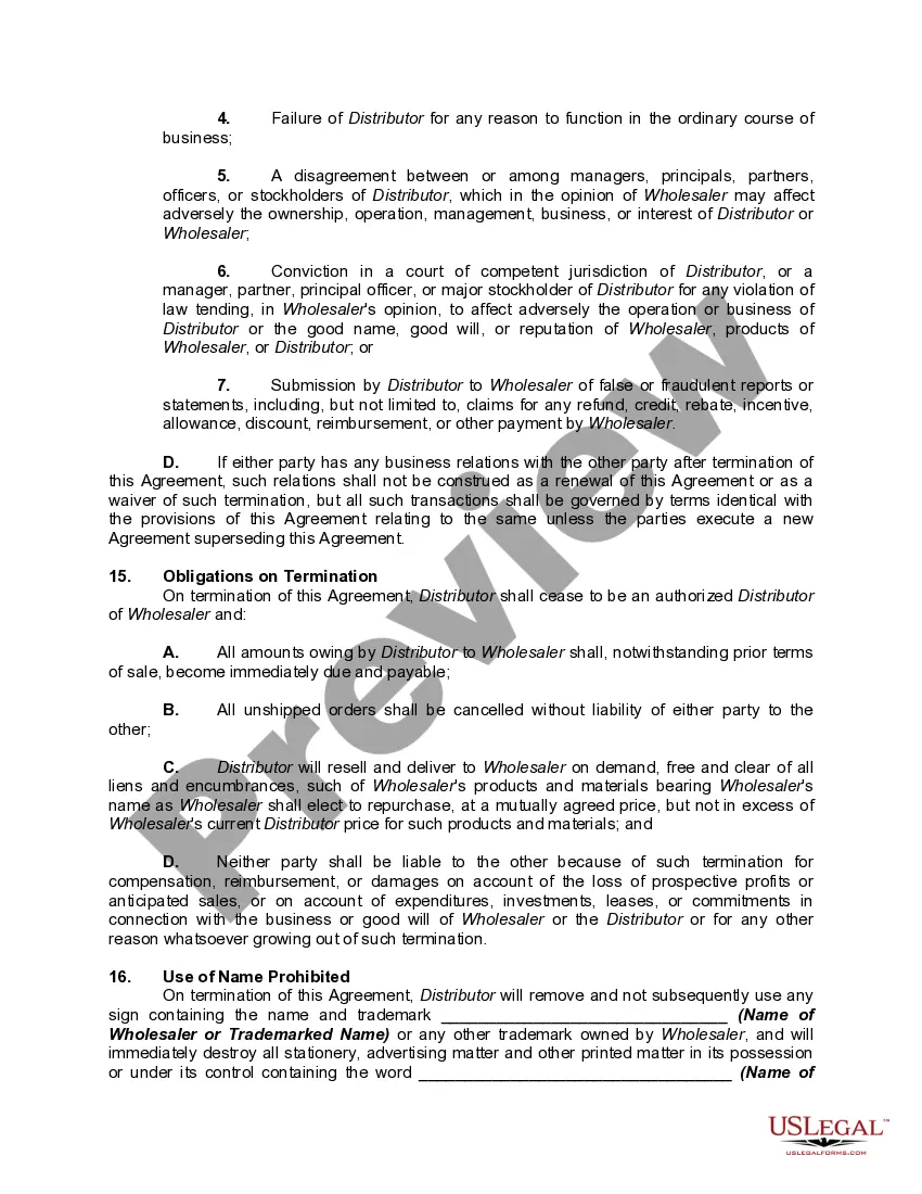 Preview Distributorship Agreement with Wholesaler