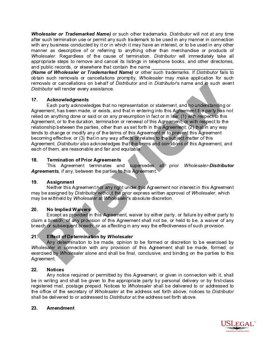 Preview Distributorship Agreement with Wholesaler