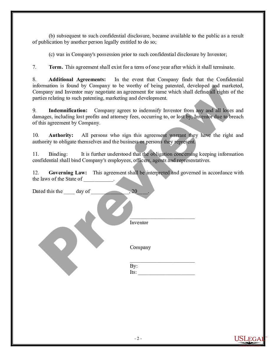 page 1 Secrecy, Nondisclosure and Confidentiality Agreement - Promoter to Inventor preview