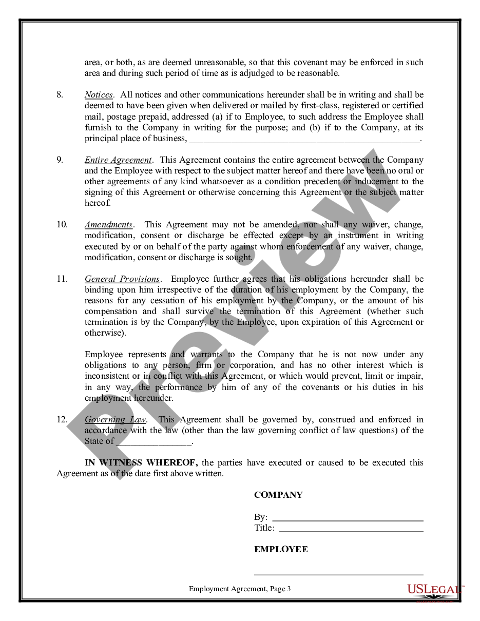 form Employment Agreement between a company and an employee preview