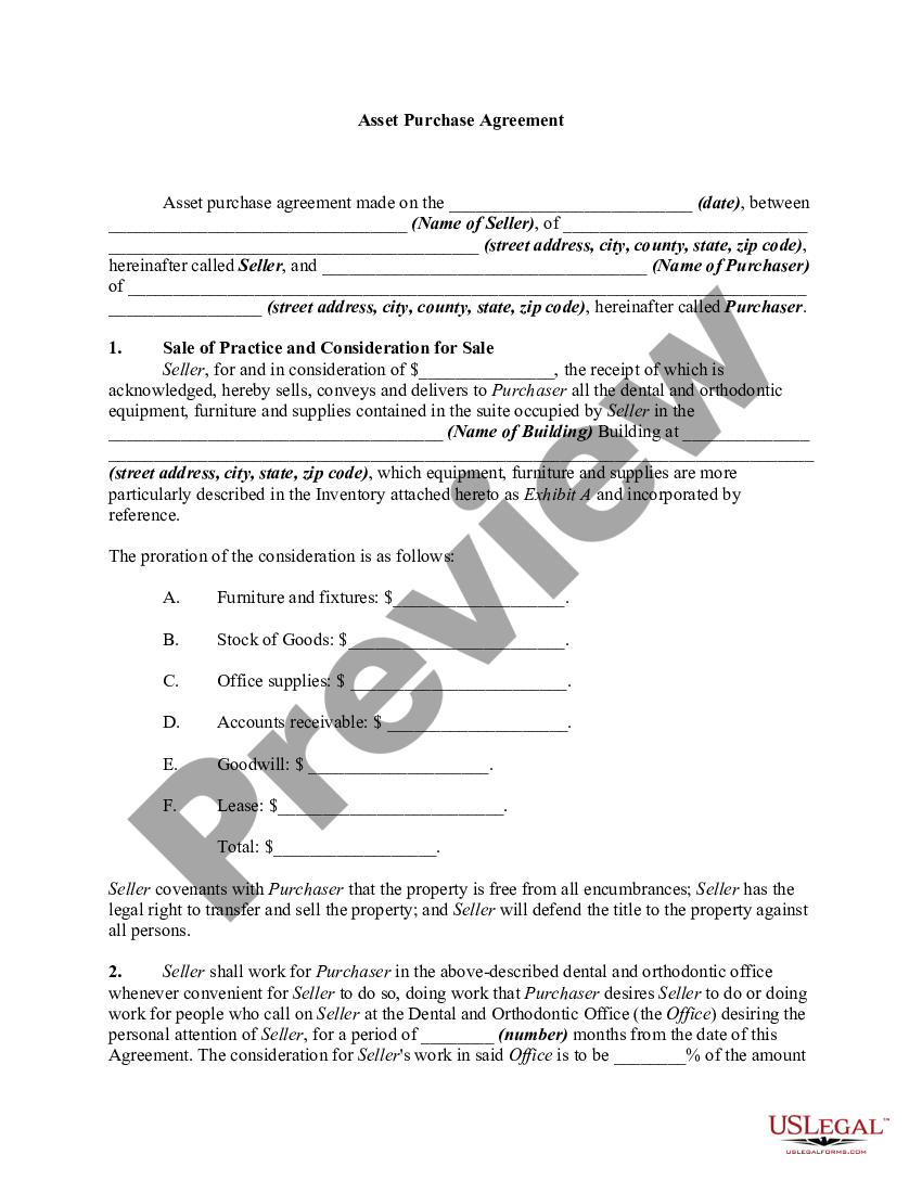 Agreement for Sale of Dental and Orthodontic Practice Agreement