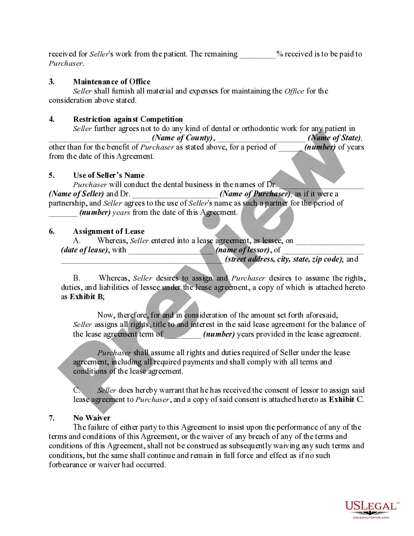 Preview Agreement for Sale of Dental and Orthodontic Practice