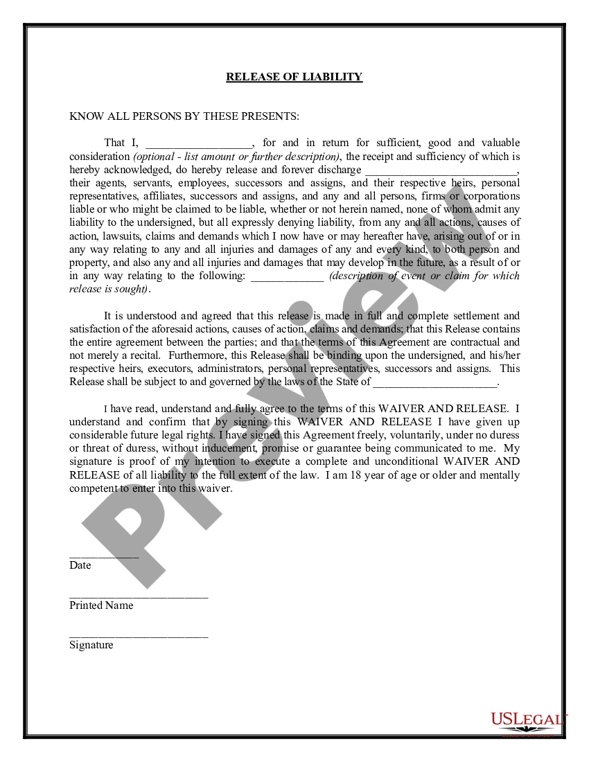 Arkansas Release Of Liability Form For Hunting Release Liability Form 