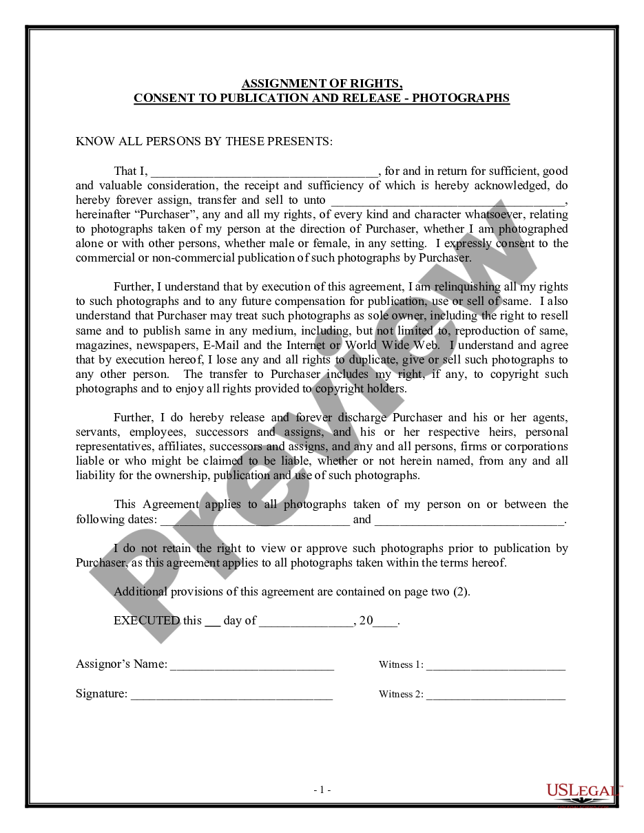 page 0 Assignment of Rights, Consent to Publication and Release - Use of Photographs or Photography preview