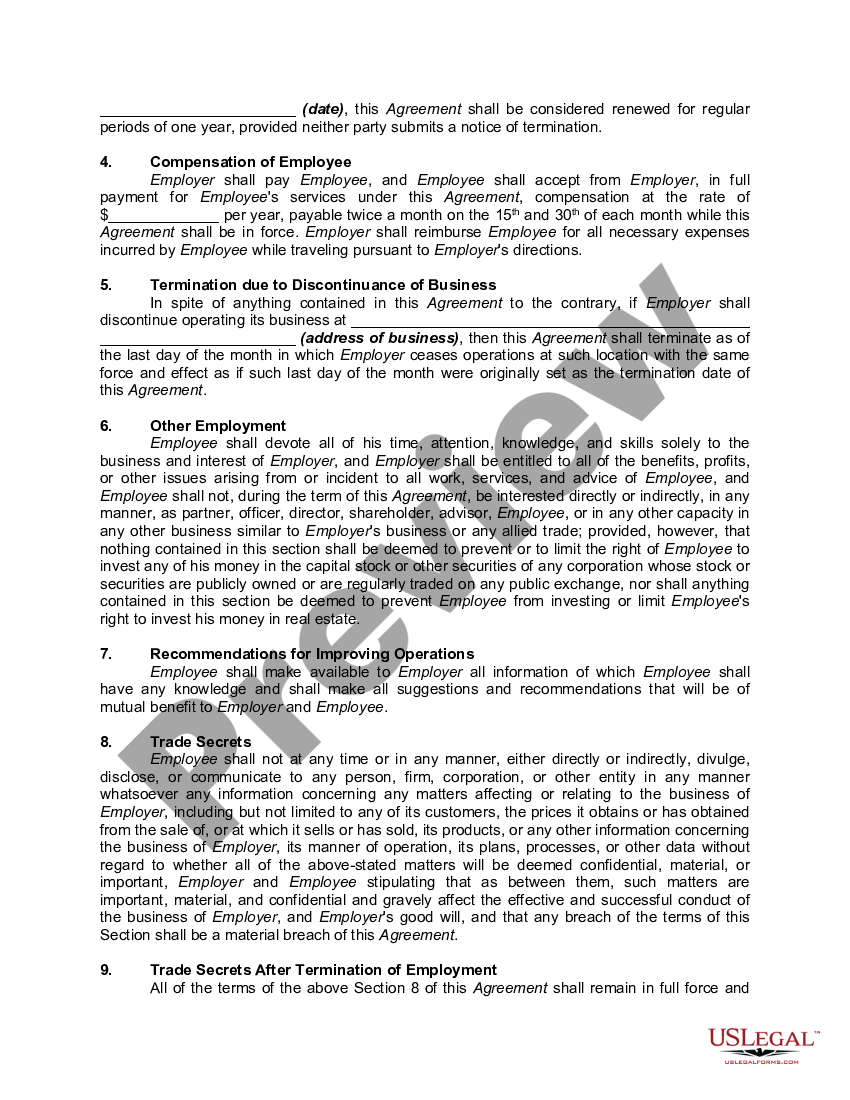 Montana General Form Of Employment Agreement With Trade Secrets Protection Trade Secrets 7856