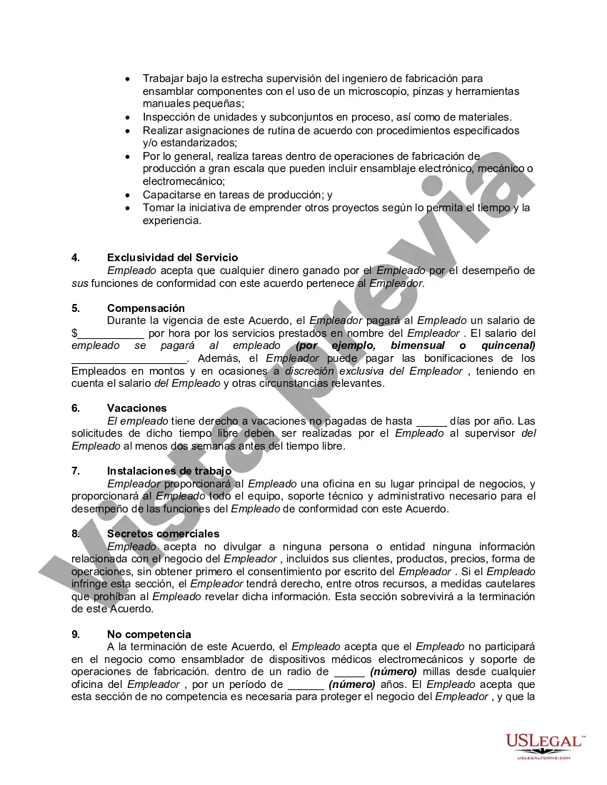 Preview Acuerdo de Trabajo con Ensamblador de Dispositivos Médicos Electromecánicos - Disposiciones de No Competencia y Confidencialidad
