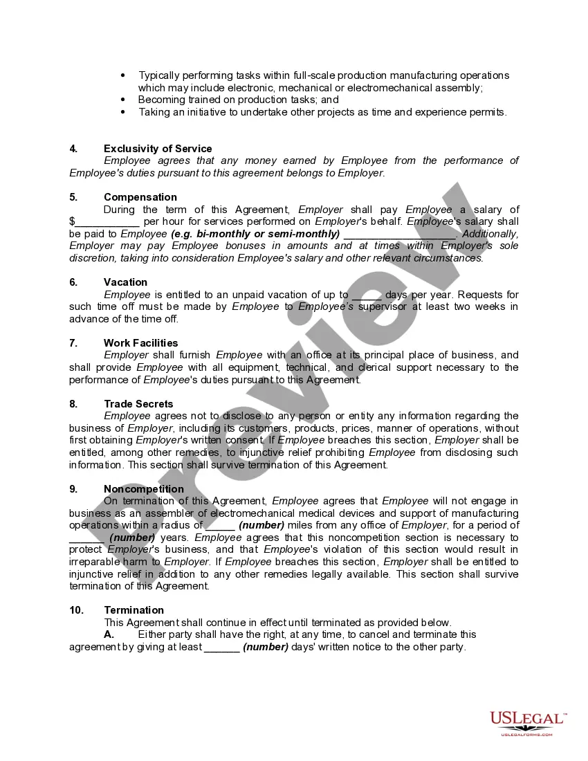 Get Employment Agreement with Assembler of Electromechanical Medical Devices - Noncompetition and Confidentiality Provisions Preview Employment Agreement with Assembler of Electromechanical Medical Devices - Noncompetition and Confidentiality Provisions