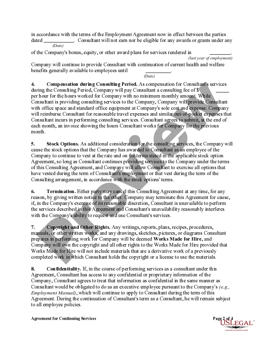 Get Agreement for Continuing Services of Retiring Executive Employee as a Consultant Preview Agreement for Continuing Services of Retiring Executive Employee as a Consultant