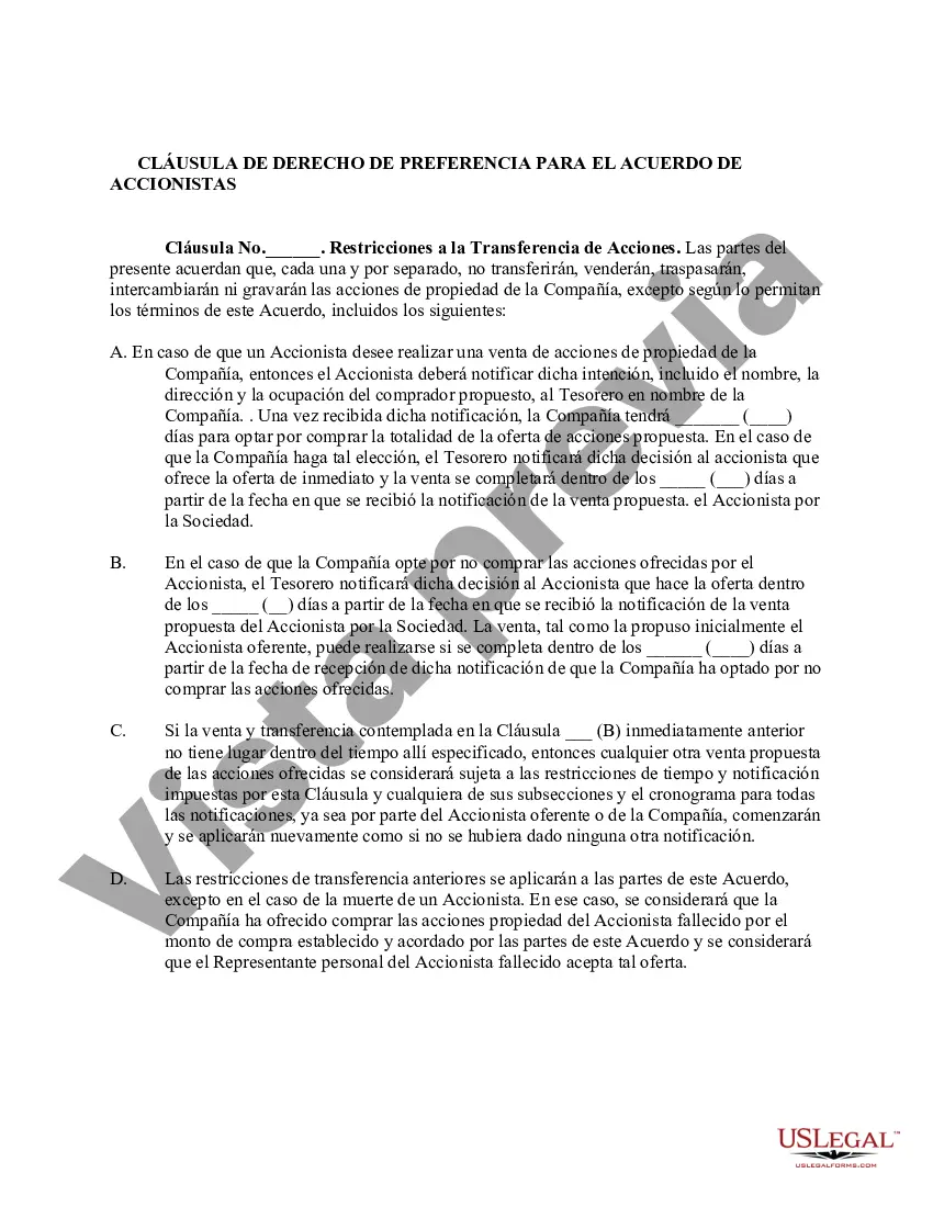 Preview Cláusula de Derecho de Preferencia para Acuerdo de Accionistas