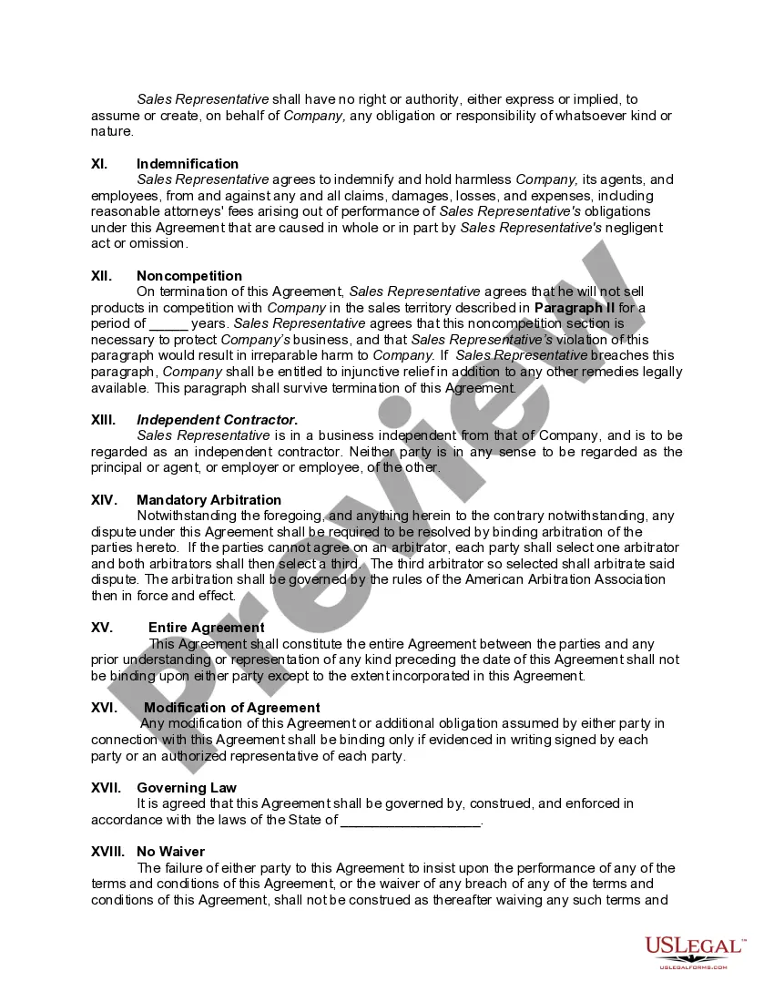 Preview Self-Employed Independent Contractor Agreement with Sales Representative