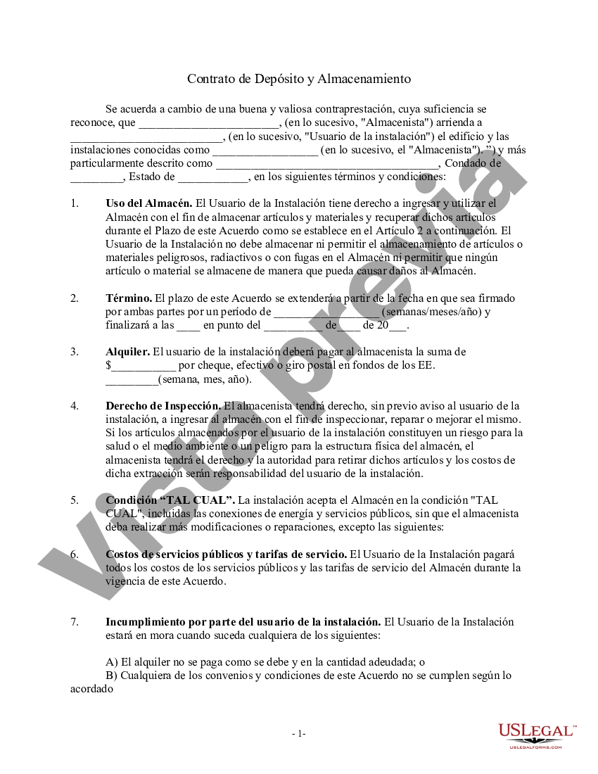Nassau New York Contrato de Depósito y Almacenamiento US Legal Forms