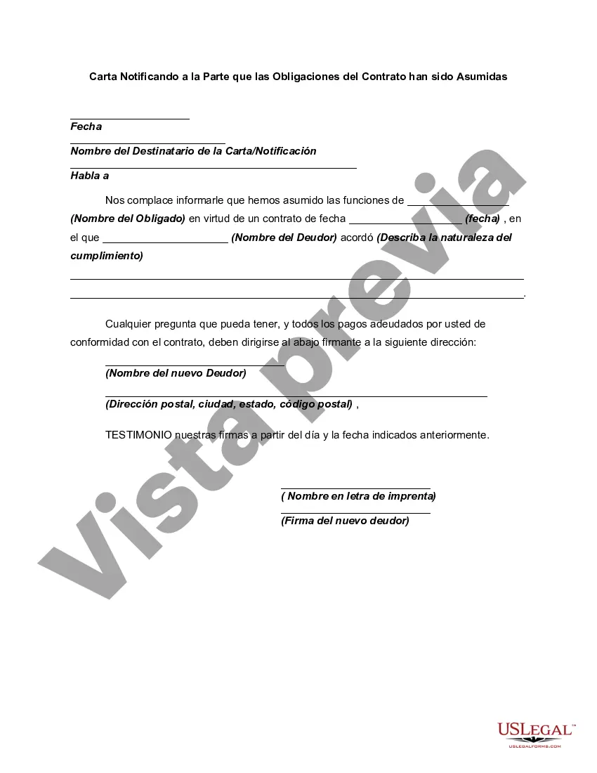 Preview Carta Notificando a la Parte que las Obligaciones del Contrato han sido Asumidas