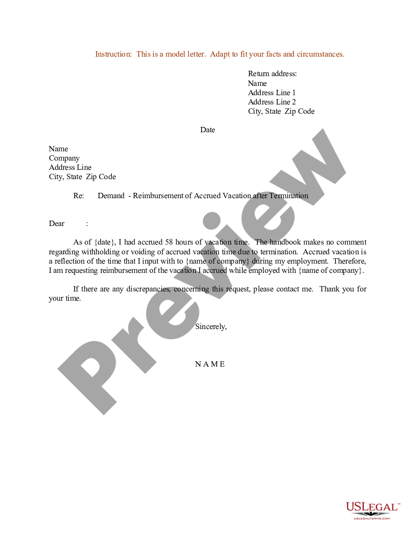 Connecticut Sample Letter for Demand - Accrued Vacation | US Legal Forms