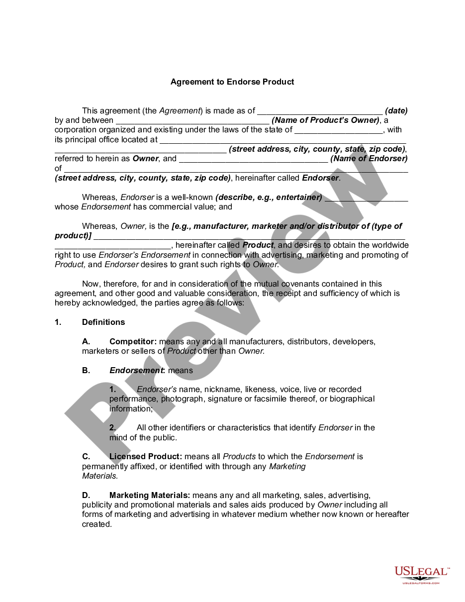 page 0 Agreement to Endorse Product preview