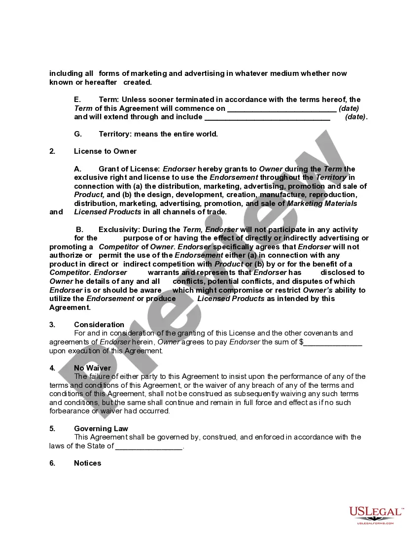 Preview Agreement to Endorse Product