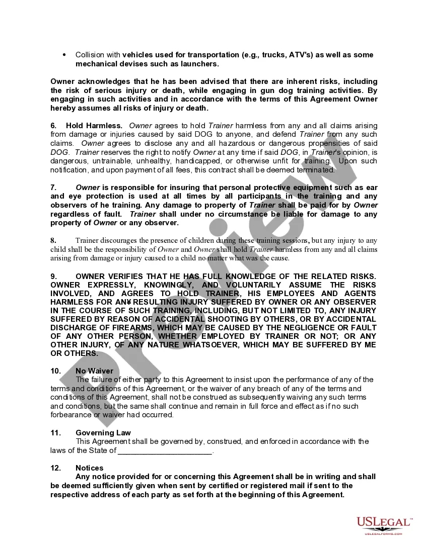 Preview Contract to Train Gun Dogs on Owner's Property with Addendum