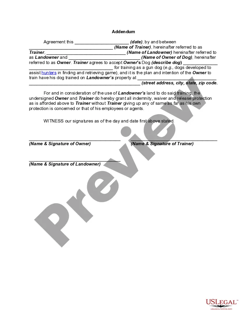 Preview Contract to Train Gun Dogs on Owner's Property with Addendum