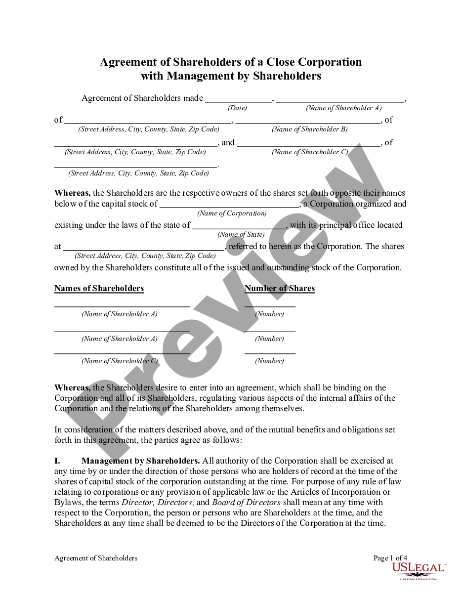 page 0 Agreement of Shareholders of a Close Corporation with Management by Shareholders preview