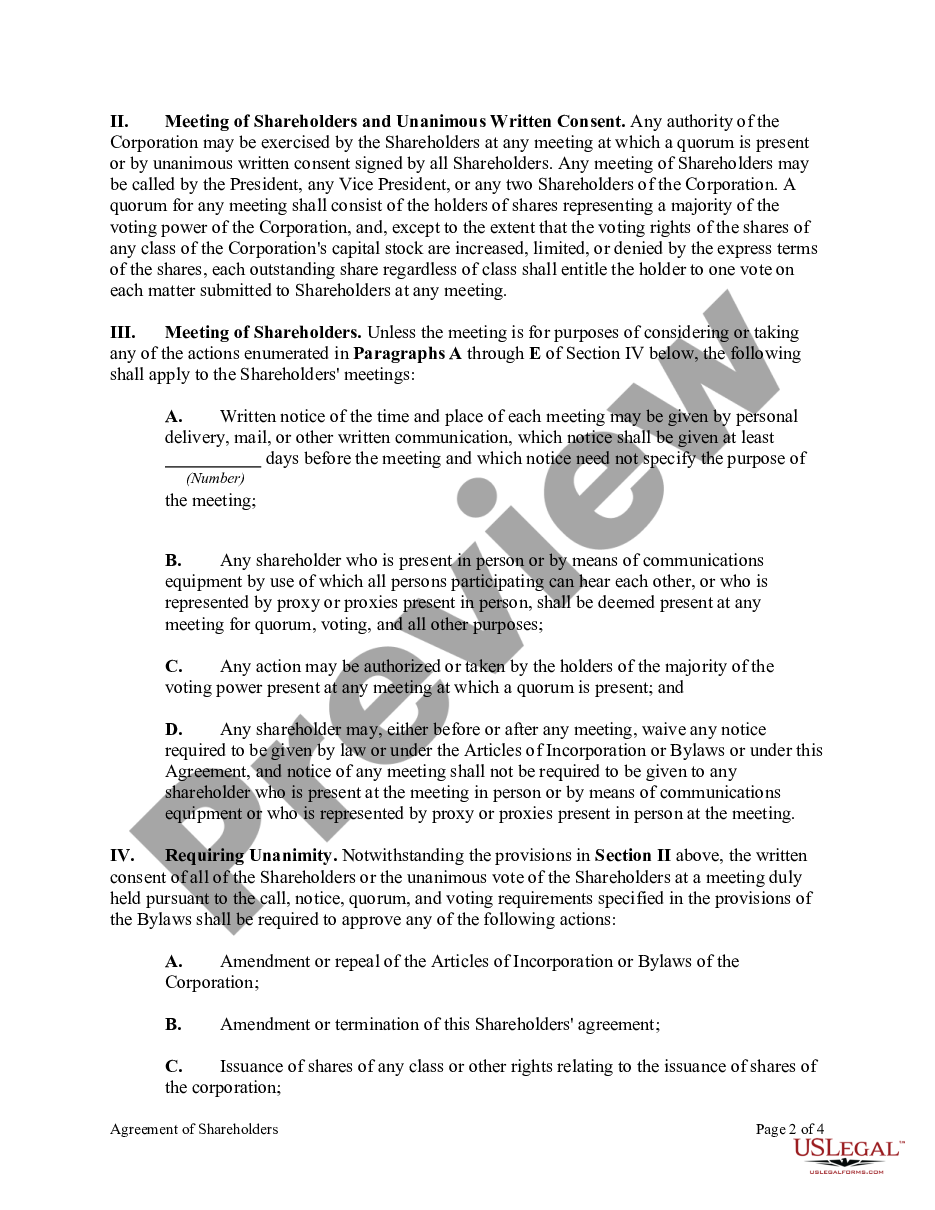 page 1 Agreement of Shareholders of a Close Corporation with Management by Shareholders preview