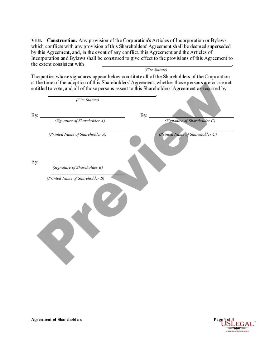 Get Agreement of Shareholders of a Close Corporation with Management by Shareholders Preview Agreement of Shareholders of a Close Corporation with Management by Shareholders