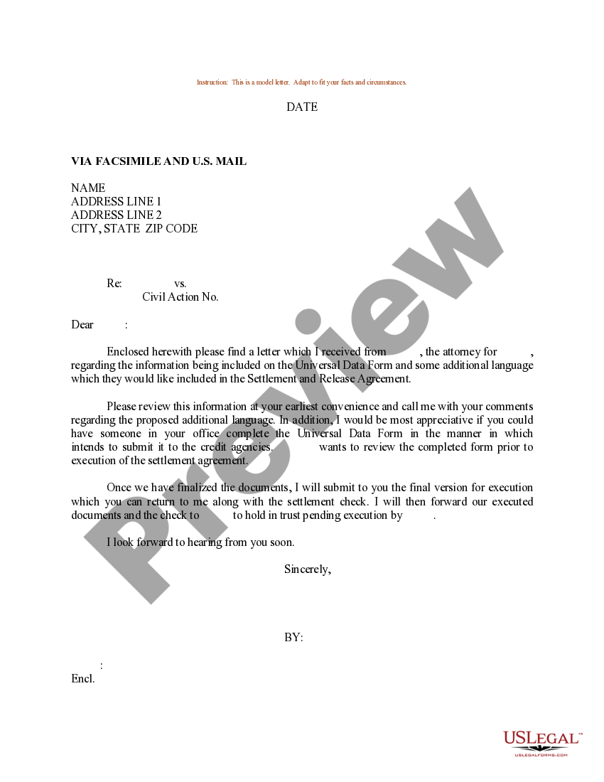Sample Letter for Universal Data Form and Settlement Agreement