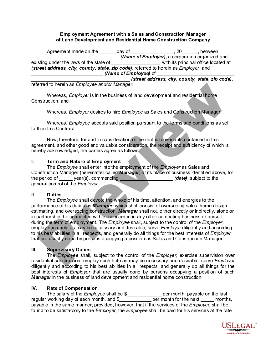 South Dakota Employment Agreement with a Sales and Construction Manager ...