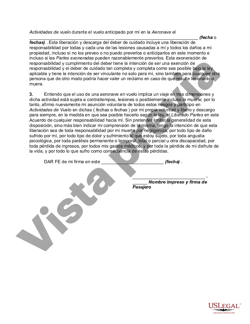 Preview Acuerdo de Liberación, Renuncia y Asunción de Riesgo Ejecutado por Pasajero de Avión Privado