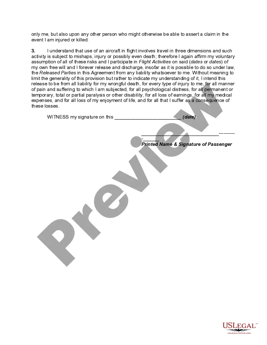 Get Release, Waiver, and Assumption of Risk Agreement Executed by Passenger of Private Airplane Preview Release, Waiver, and Assumption of Risk Agreement Executed by Passenger of Private Airplane