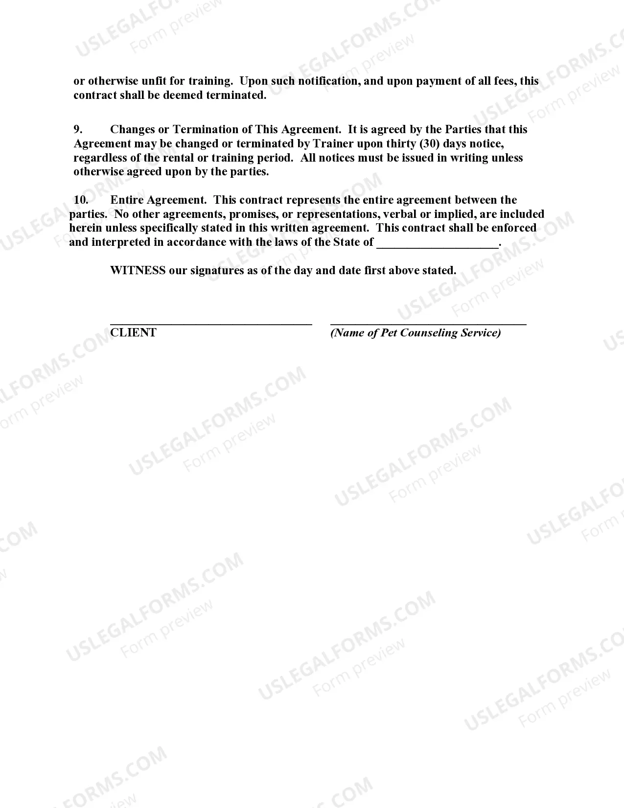 Preview Pet Counseling Agreement and Contract to Train Dog on Client's Premises
