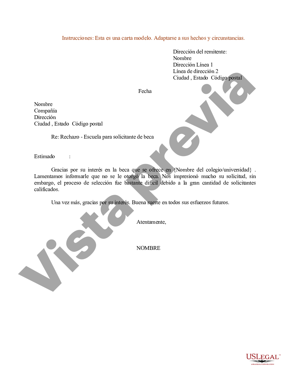 Ejemplo De Carta De Rechazo Escuela O Universidad Para Solicitante De Beca Us Legal Forms 8990