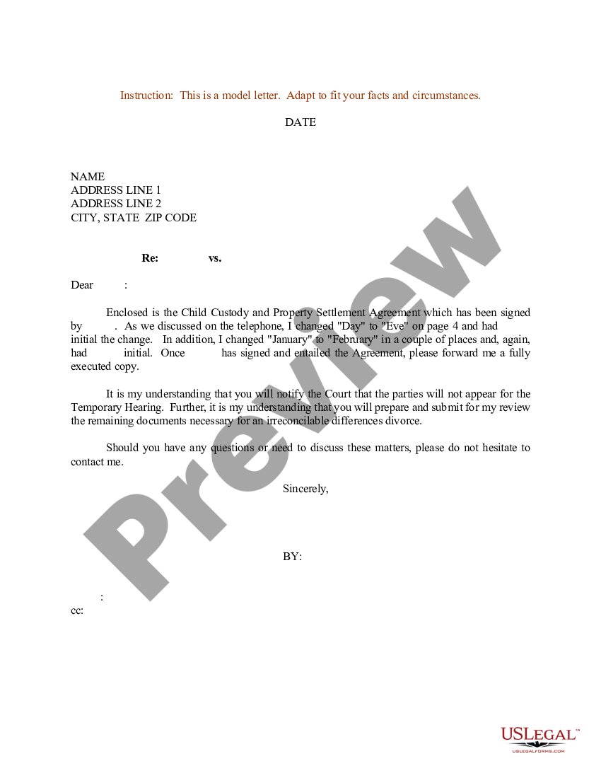 Sample Letter regarding Child Custody and Property Settlement Agreement ...