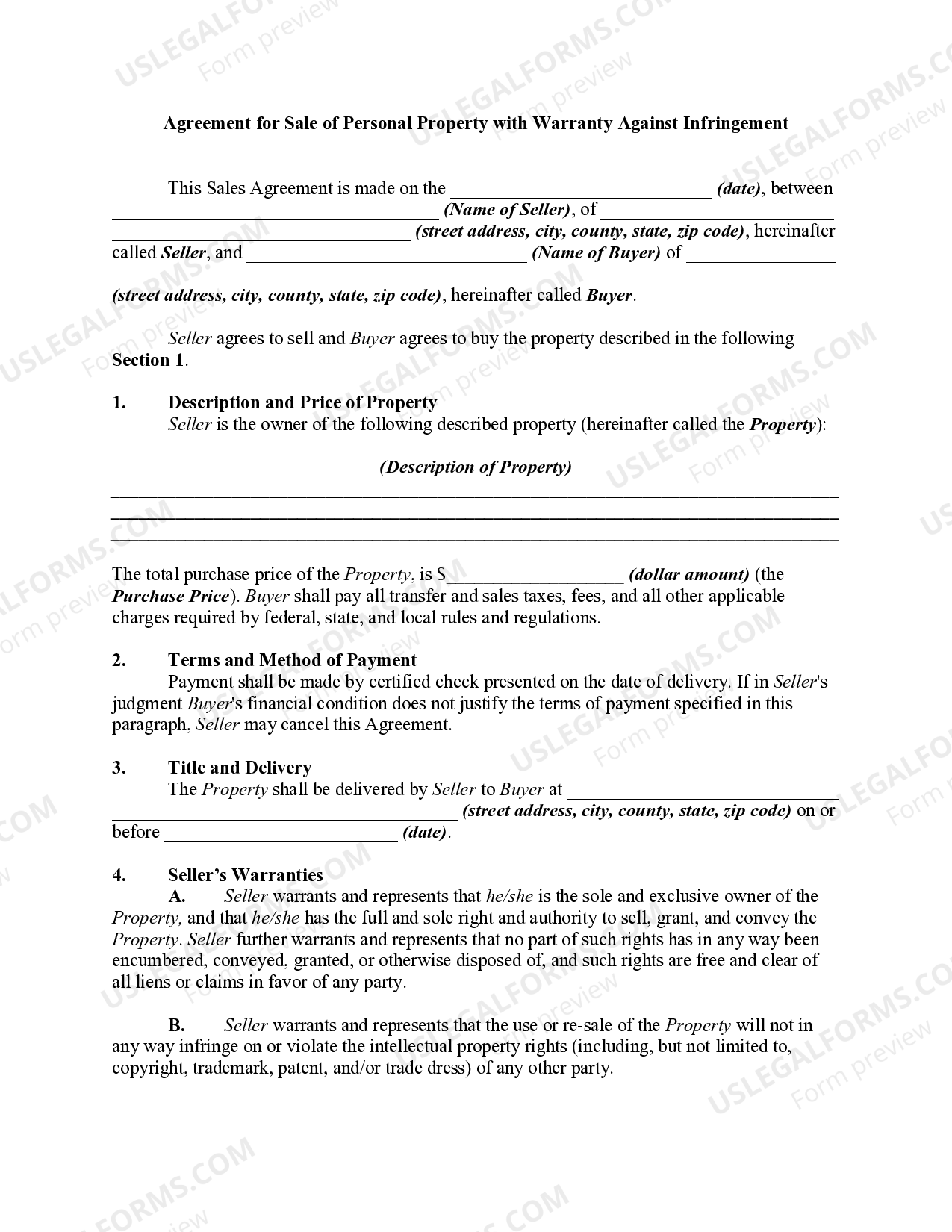 Agreement for Sale of Personal Property with Warranty Against