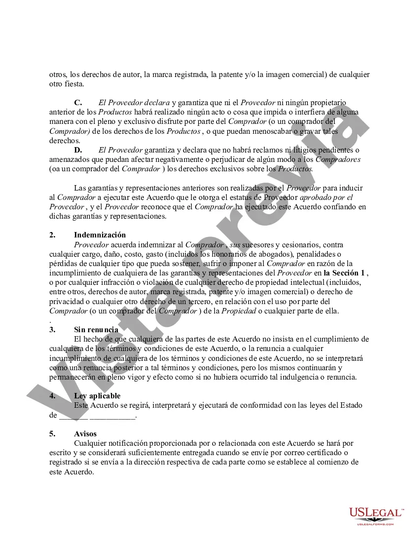 Preview Acuerdo sobre representaciones y garantías de bienes comprados y para ser revendidos en el sitio web del comprador