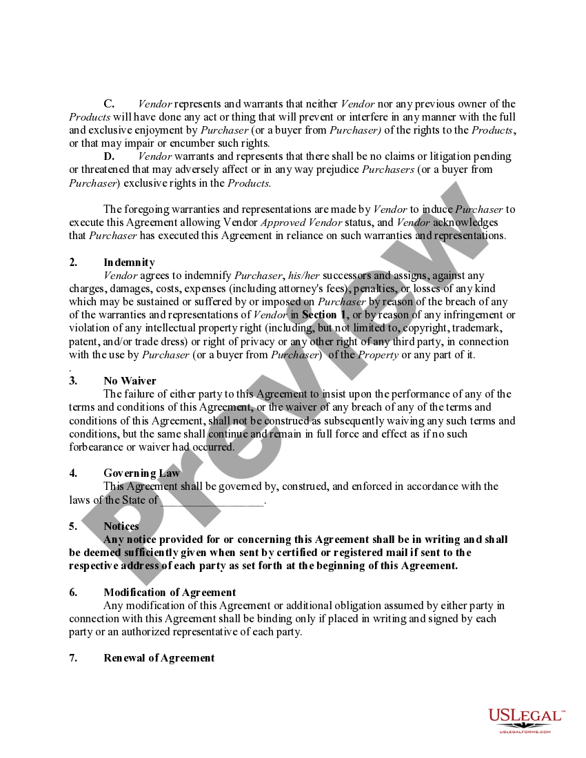 Agreement Regarding Representations and Warranties for Goods Purchased