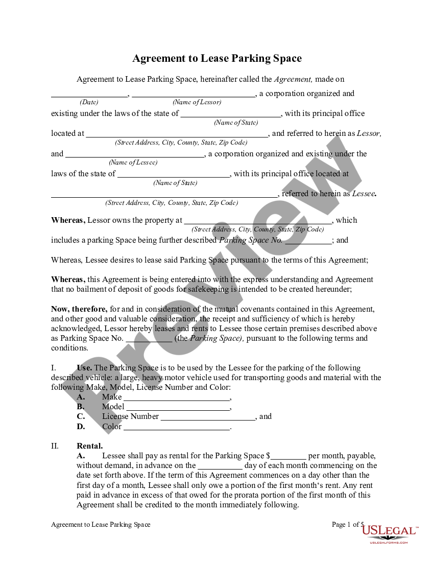 Agreement To Lease Parking Space Parking Space Lease Agreement Us Legal Forms 0702