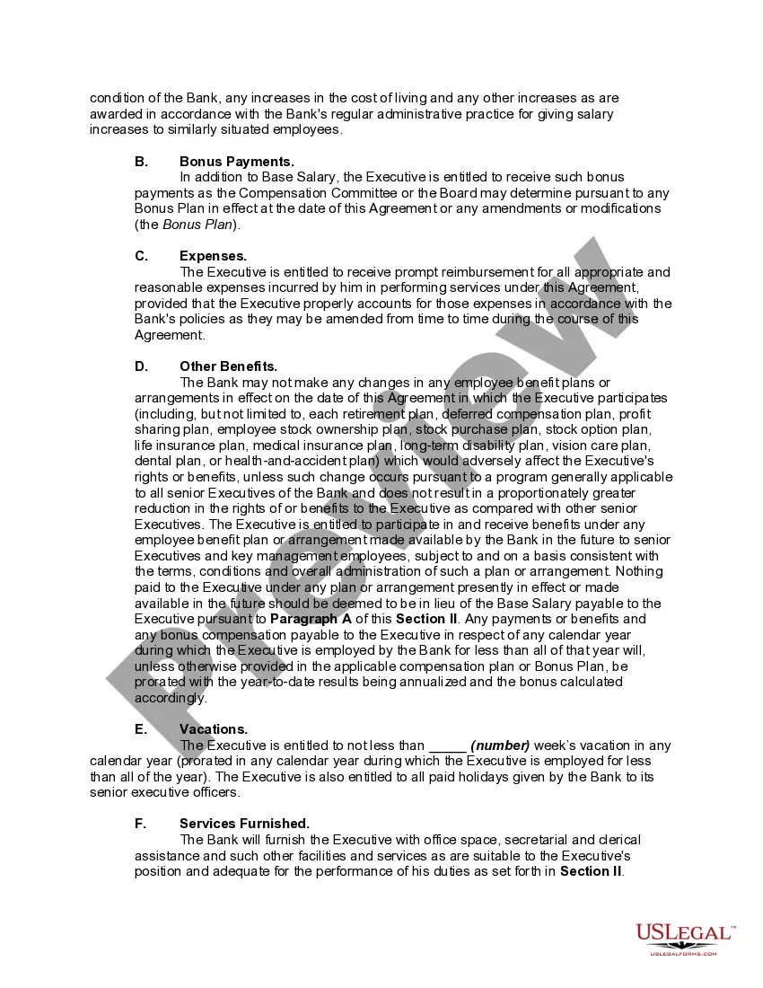 Preview Employment of Chief Executive Officer of Bank with Detailed Severance Benefits if Executive Terminated