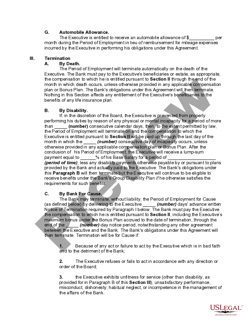 Preview Employment of Chief Executive Officer of Bank with Detailed Severance Benefits if Executive Terminated