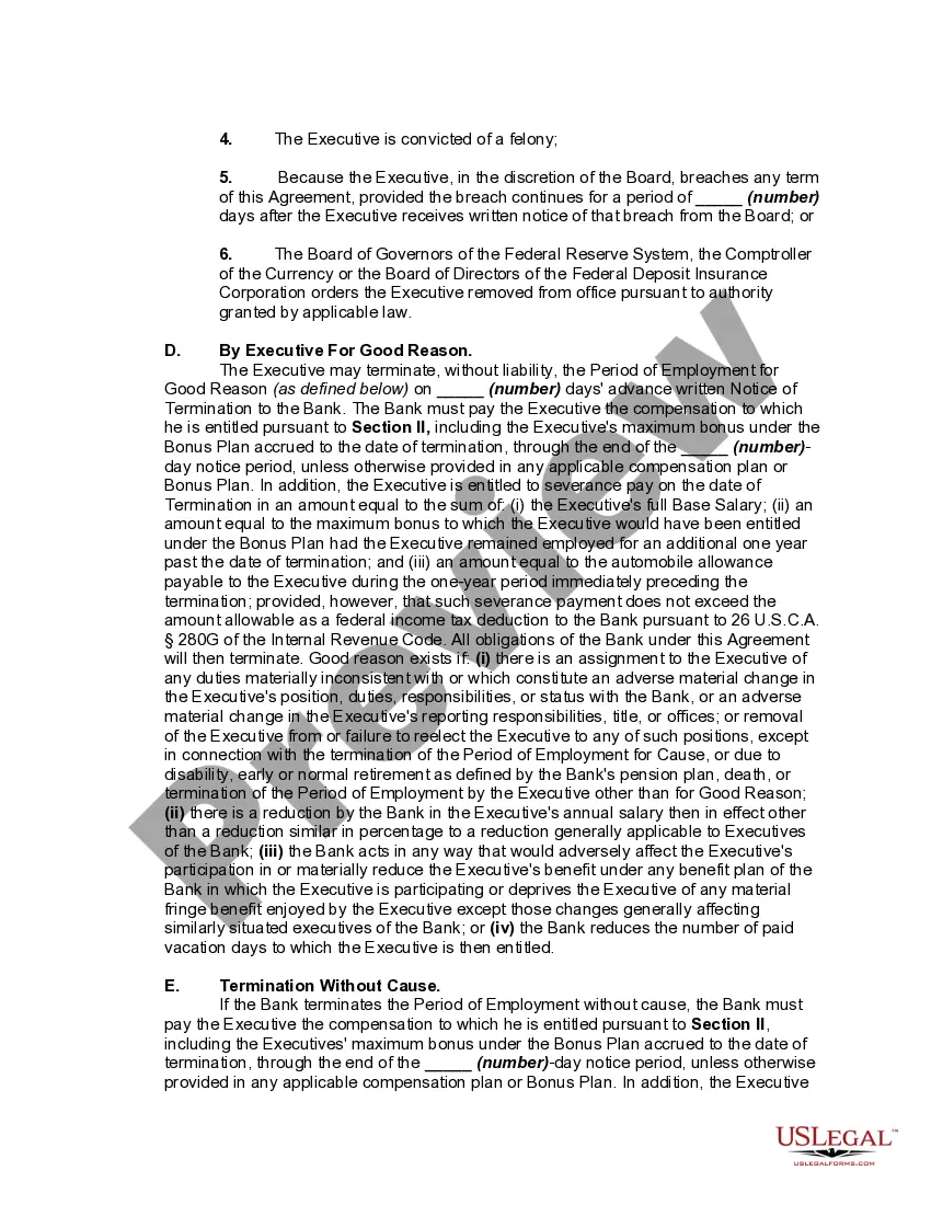 Preview Employment of Chief Executive Officer of Bank with Detailed Severance Benefits if Executive Terminated