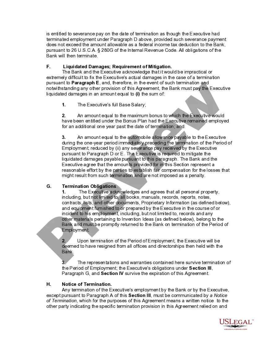 Preview Employment of Chief Executive Officer of Bank with Detailed Severance Benefits if Executive Terminated