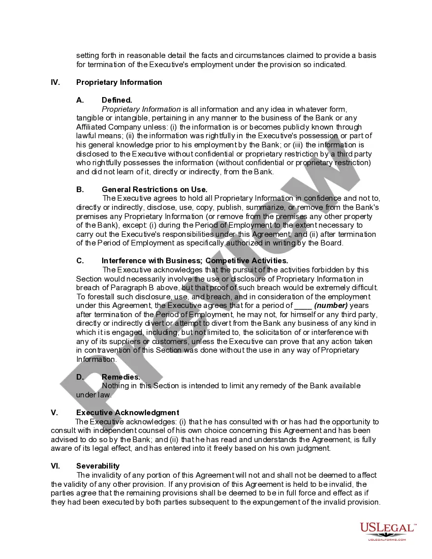 Preview Employment of Chief Executive Officer of Bank with Detailed Severance Benefits if Executive Terminated