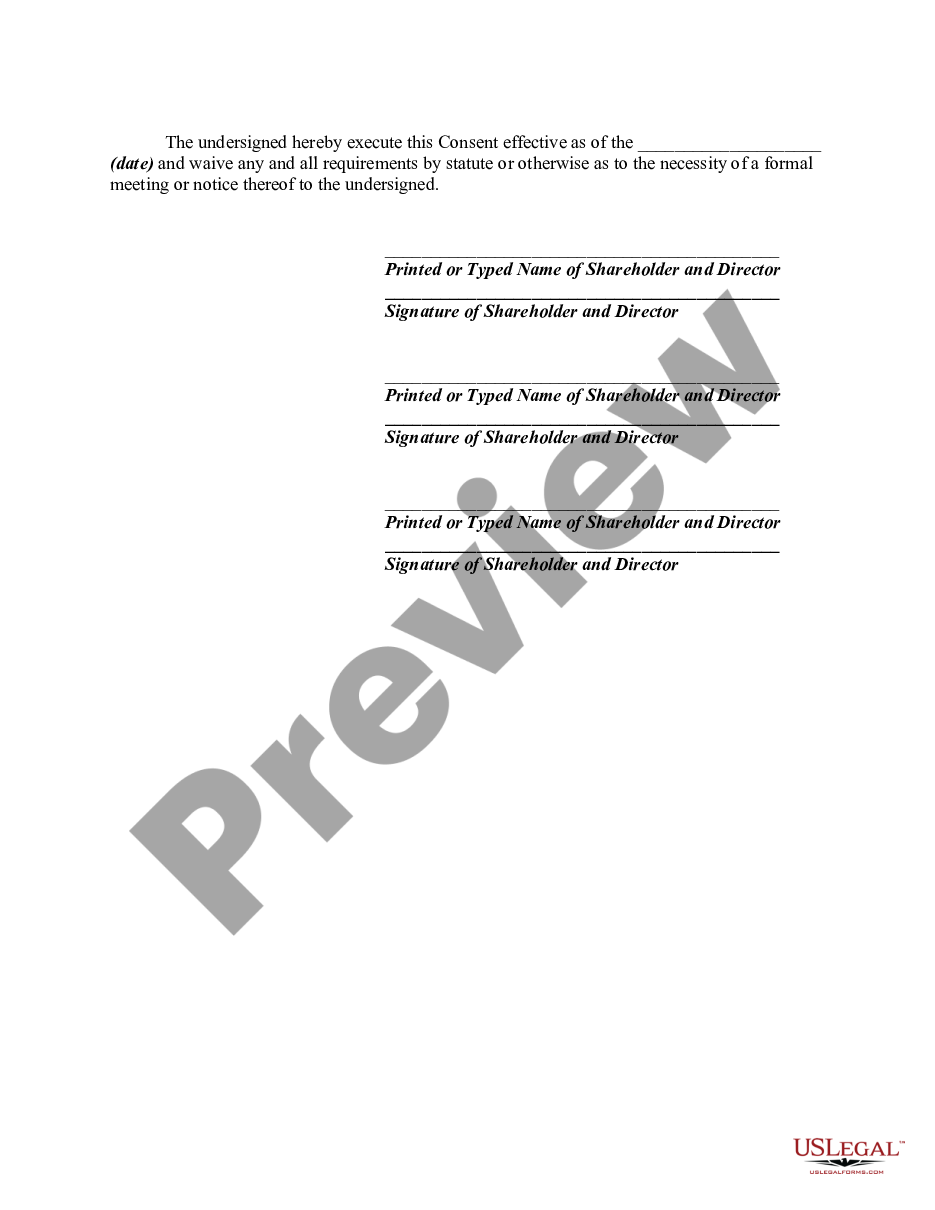 page 1 Unanimous Consent to Action by the Shareholders and Board of Directors of Corporation, in Lieu of Meeting, Ratifying Past Actions of Directors and Officers preview