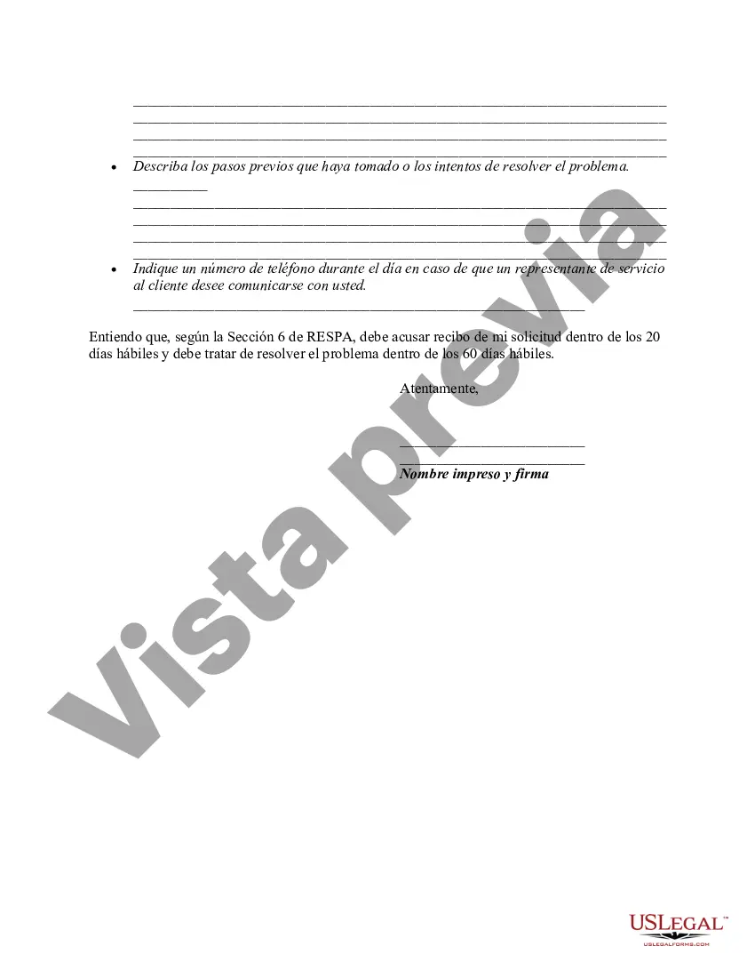 Preview Solicitud Calificada por Escrito bajo la Sección 6 de la Solicitud Calificada por Escrito bajo la Sección 6 de la Ley de Procedimientos de Liquidación de Bienes Raíces - RESPA