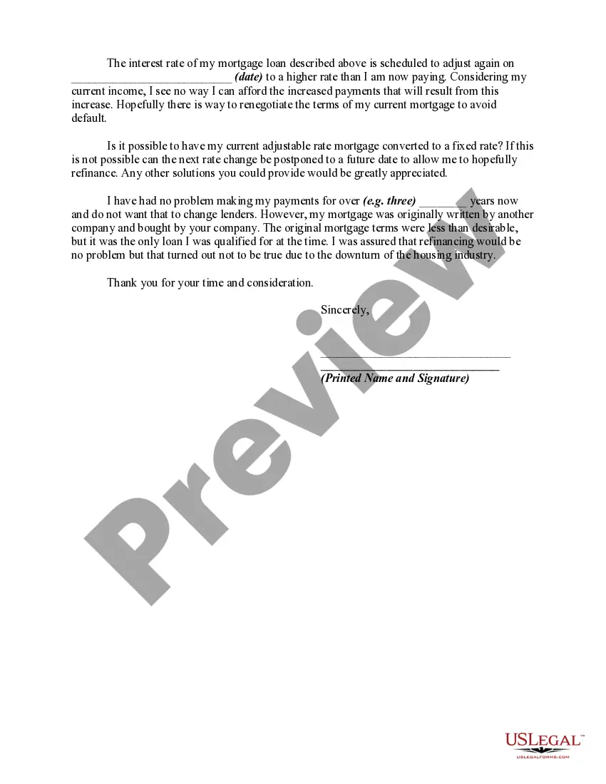 Preview Request to Lender or Loan Servicer for Loan Modification Due to Financial Hardship - Requesting Change to Fixed Rate of Interest of Adjustable Rate