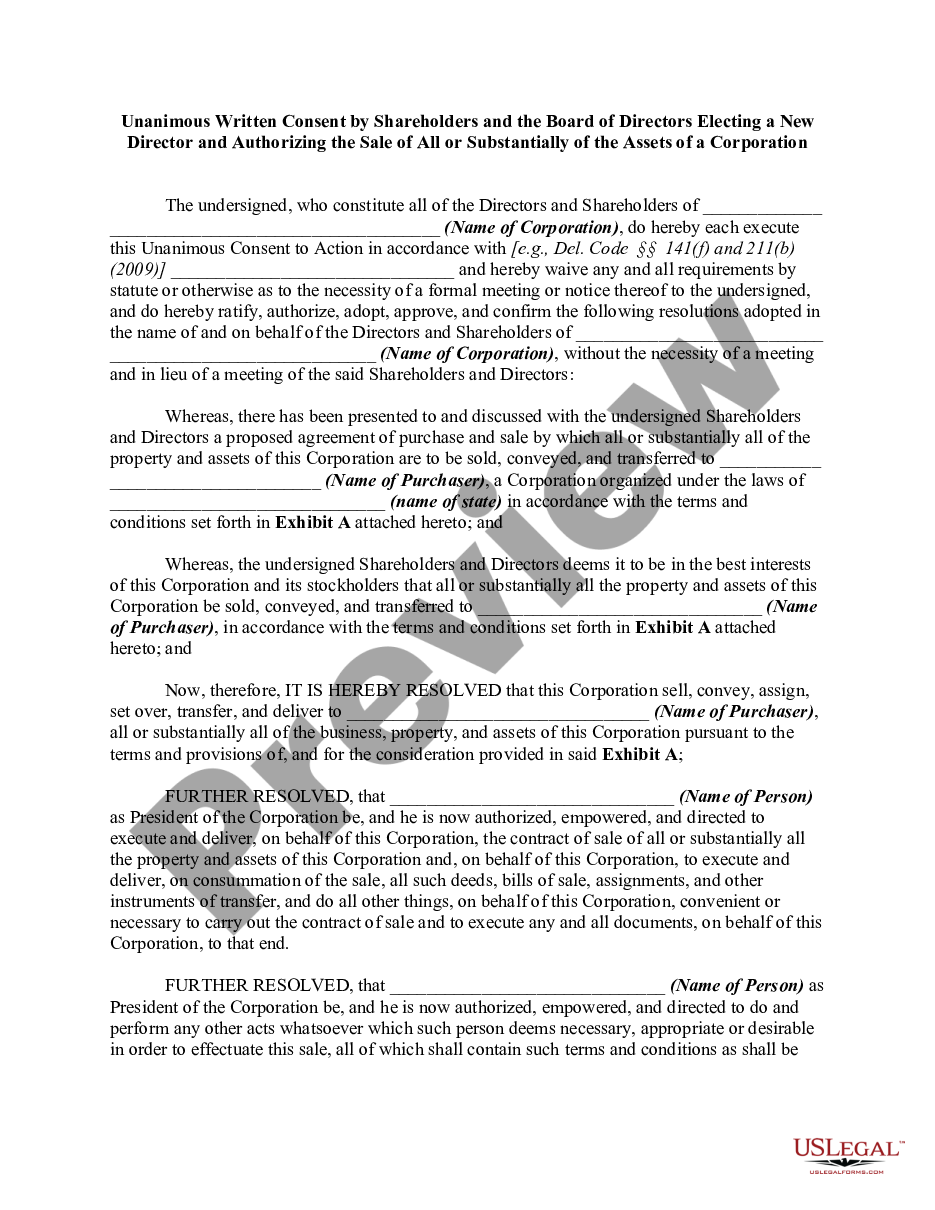 page 0 Unanimous Written Consent by Shareholders and the Board of Directors Electing a New Director and Authorizing the Sale of All or Substantially of the Assets of a Corporation preview